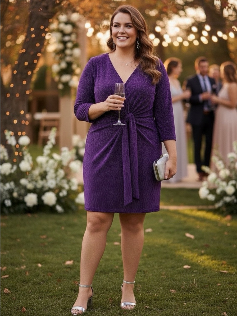Elegant Purple Metallic Wrap-Front Women’s Dress